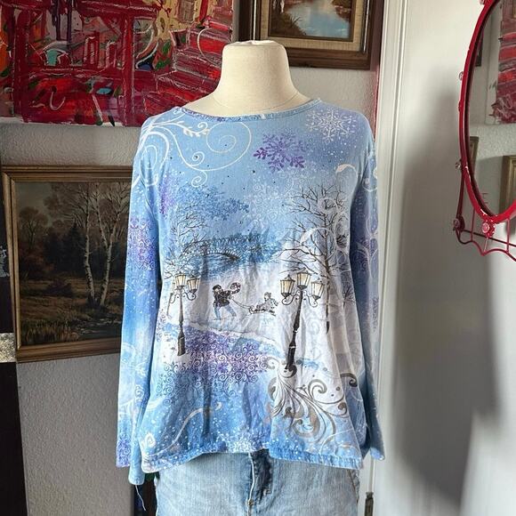 Basic Editions Tops - STAINED holiday editions blue sled snow graphic long sleeve shirt